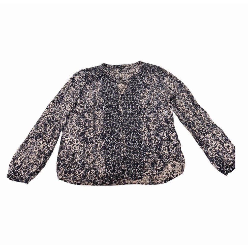 Lucky Brand Navy Blue‎ Paisley Smocked Button Front Blouse Medium Boho Top